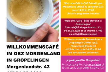 Flyer: Einladung zum Willkommenscafe im QBZ